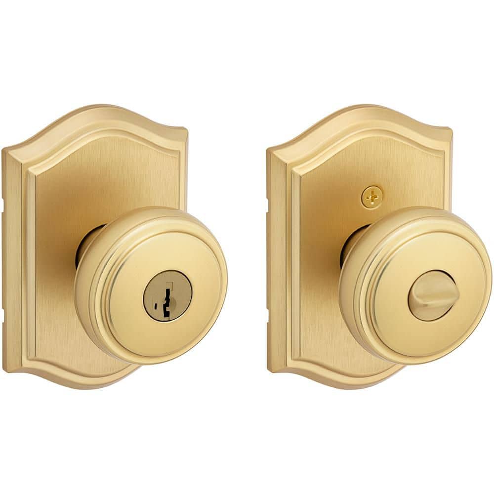Kwikset Sora Satin Brass Arched Keyed Entry Door Knob ft SmartKey