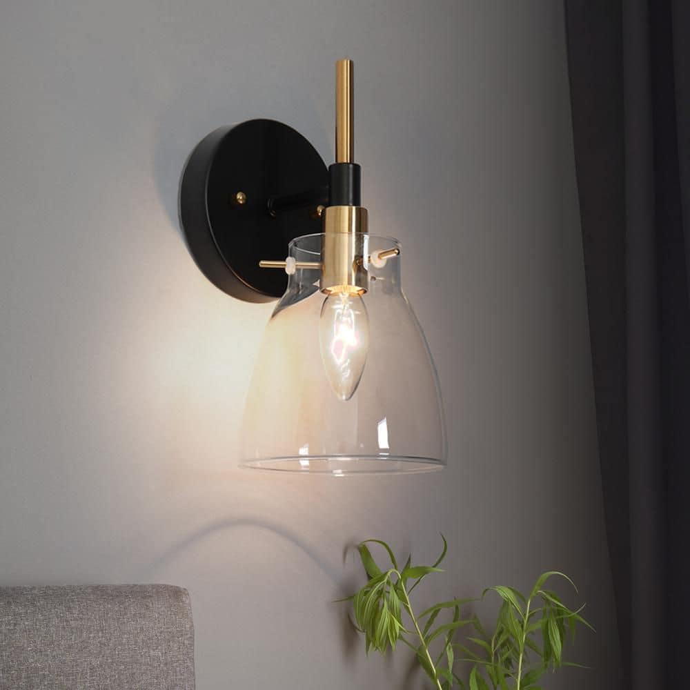 Zevni 5 in. 1-Light Modern Brass Gold Vanity Light, Black Wall
