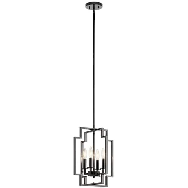 KICHLER Downtown Deco 4-Light Midnight Chrome Contemporary Candle Cage Convertible Foyer Pendant Hanging Light to Semi-Flush