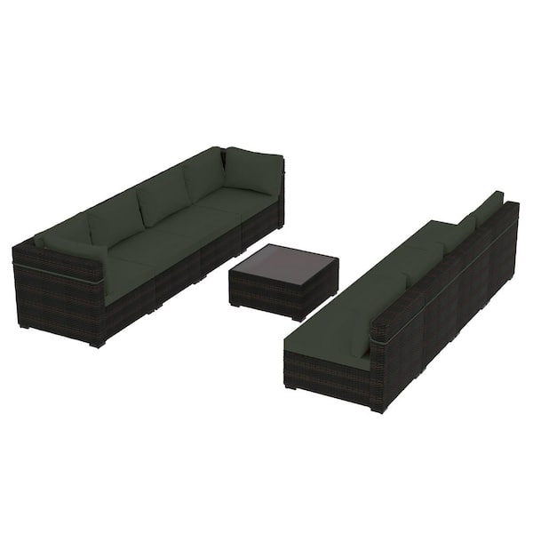 9-Piece Rattan Wicker Patio Conversation Seating Set with Coffee Table and Dark Green Cushions