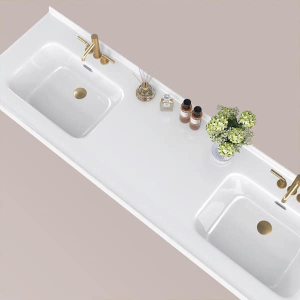 73 in. W x 22 in. D Solid Surface Resin White Vanity Top Rectangular Double Sink Bathroom Vanity Top in Glossy White