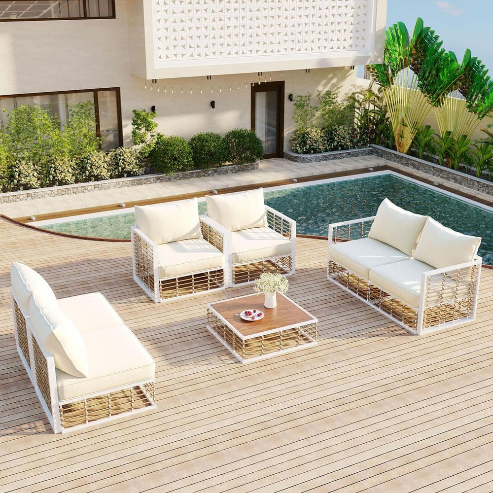 White 7-Piece Metal Outdoor Sectional Set with Ivory Cushion Cushions Durable Construction
