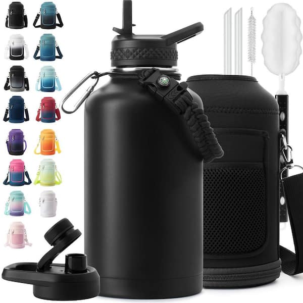 Numhew 64 oz. Advanced Black Stainless Steel Water Bottle, 24H Hot Multi-Layer Insulation, with Carrier Bag, Straw, Set of 1