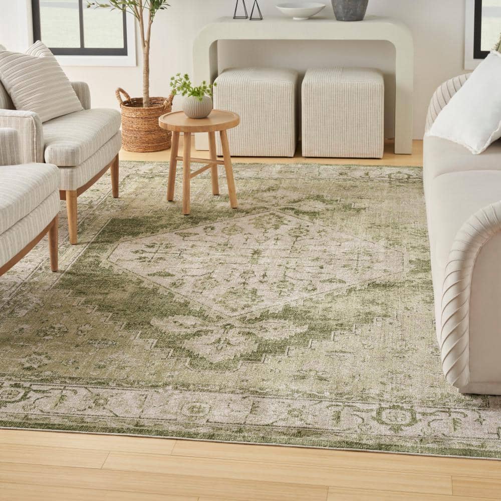 Ivory Green Floral Medallion Machine Washable Area Rug 8x10