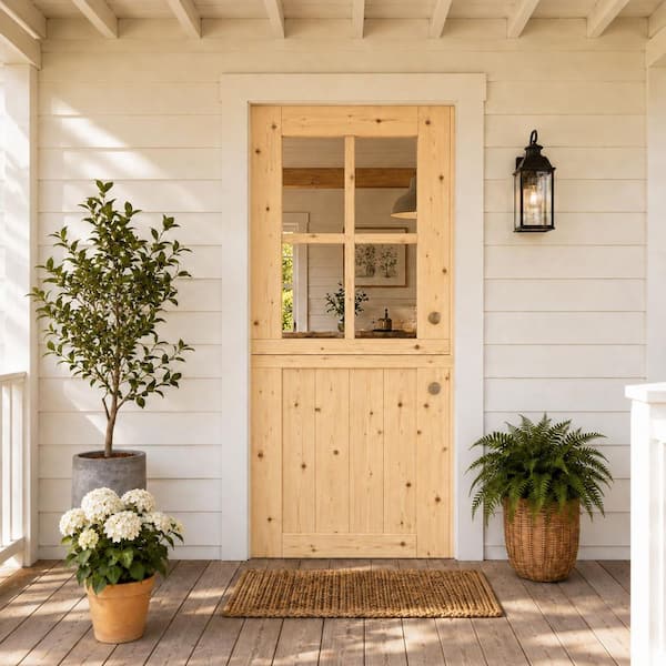 30 in. x 80 in. Solid Pine Universal 4-Lite Clear Glass Unfinished Dutch Door Design Wood Front Door Slab