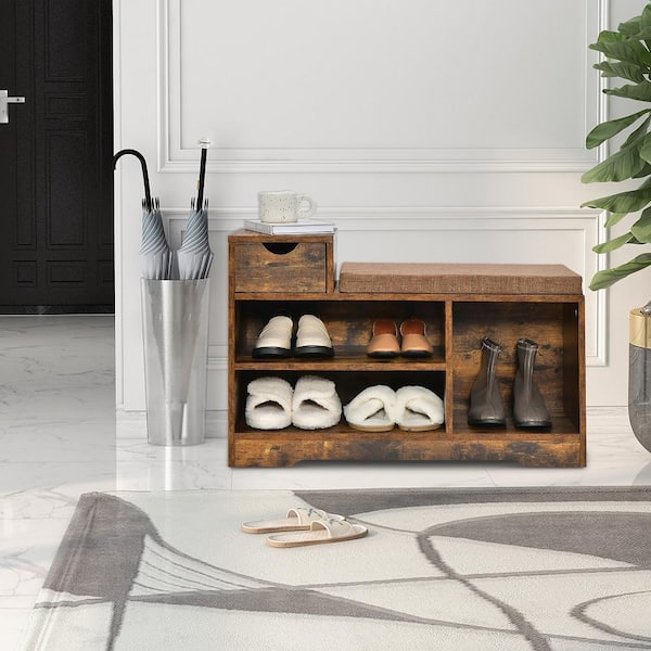 21 in. H x 32 in. W Brown 2-tier Shoe Storage Bench Shoe Rack Organizer Cabinet with Cushion for Entryway