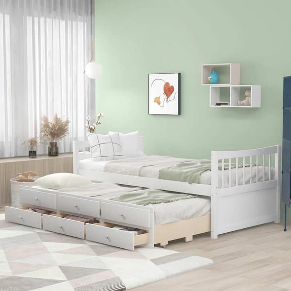 Polibi White Twin Size Daybed with Trundle and Drawers