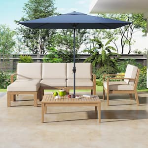 6 Piece PE Wicker Outdoor Patio Sectional Sofa Set with Acacia Coffee Table and Removable Seat Cushion Beige