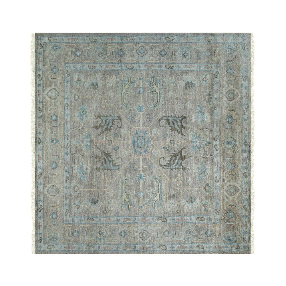 Gray and Blue Hand-Knotted Wool Square Rug