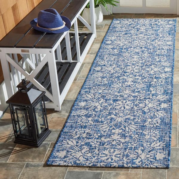 Courtyard Navy/Gray 2 ft. x 8 ft. Antique Floral Indoor/Outdoor Runner Rug