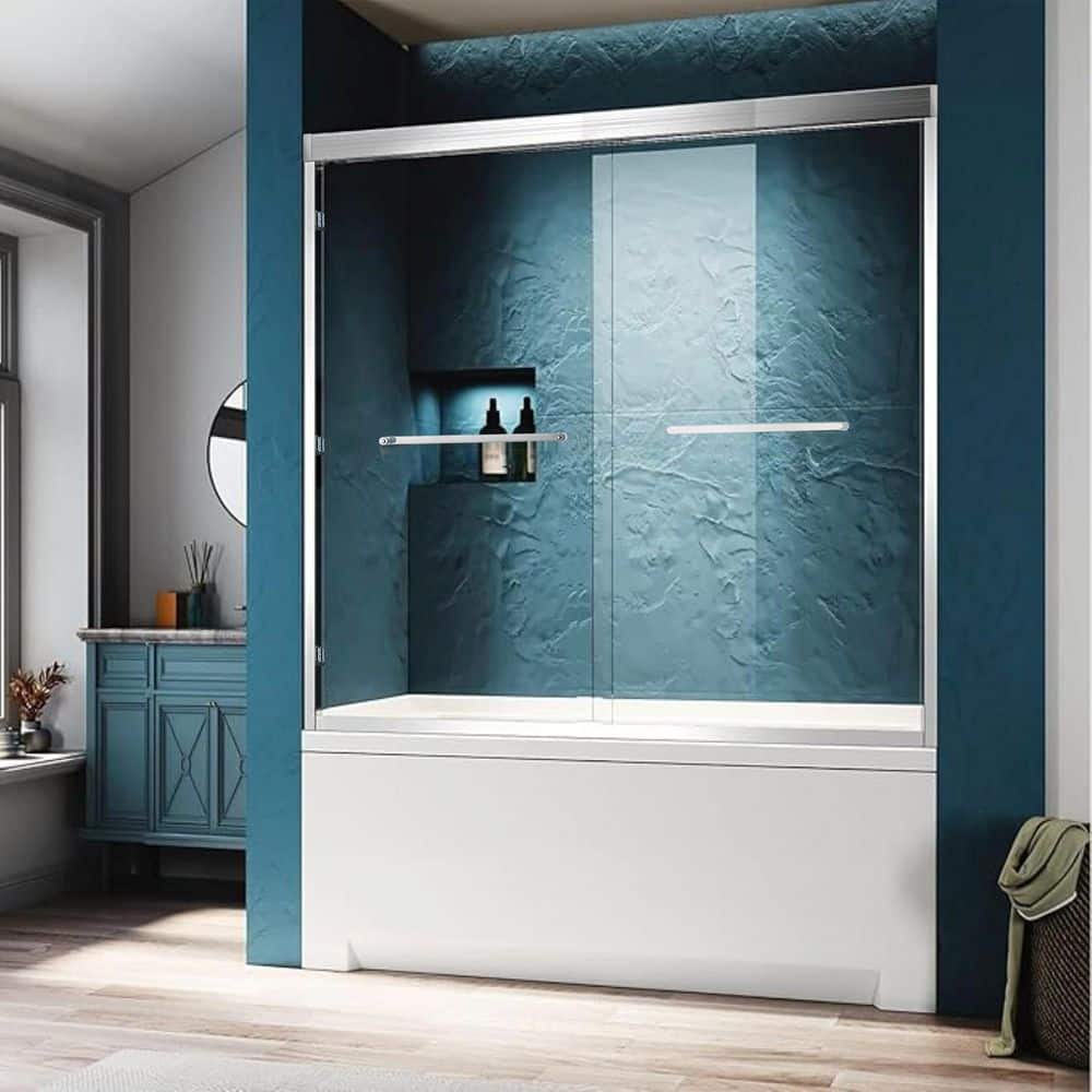 60 in. W x 60 in. H Framed Double Sliding Shower Tub Door in Chrome with Tempered Clear Glass with Handle price history on PriceWatchPro