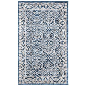 Brentwood Navy/Light Gray Doormat 3 ft. x 5 ft. Geometric Floral Border Area Rug