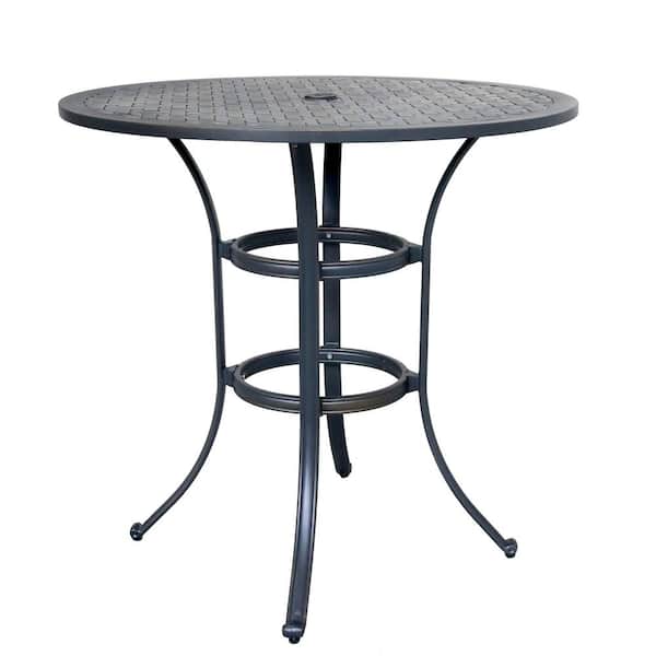 Misopily Lattice-Patterned Design Round Powder-Coated Cast Aluminum Outdoor Dining Table with Umbrella Hole in Gunmetal