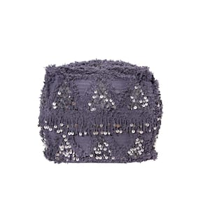 Purple Cotton Eggplant Moroccan Wedding Quilt Pouf with Fringe and Sequins