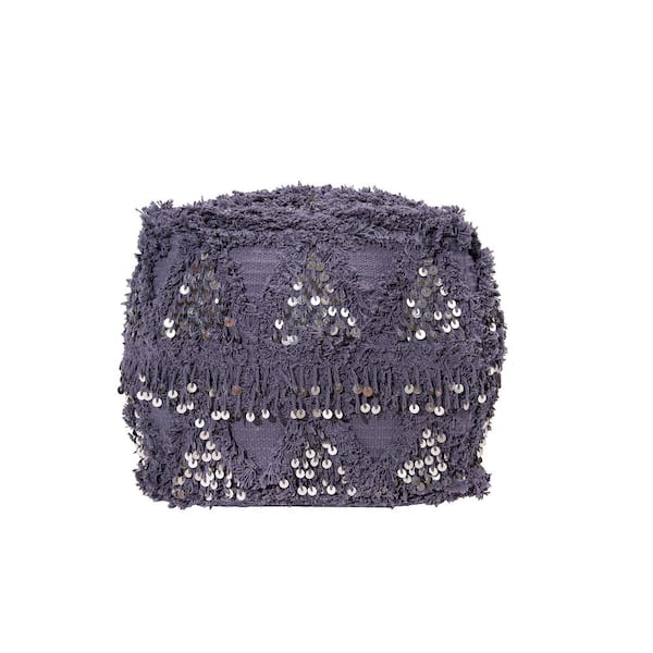 Storied Home Purple Cotton Eggplant Moroccan Wedding Quilt Pouf with Fringe and Sequins