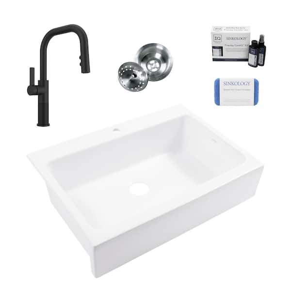 Josephine 34 in. 1-Hole Quick-Fit Farmhouse Apron Drop-in Single Bowl White Fireclay Kitchen Sink with Black Faucet Kit