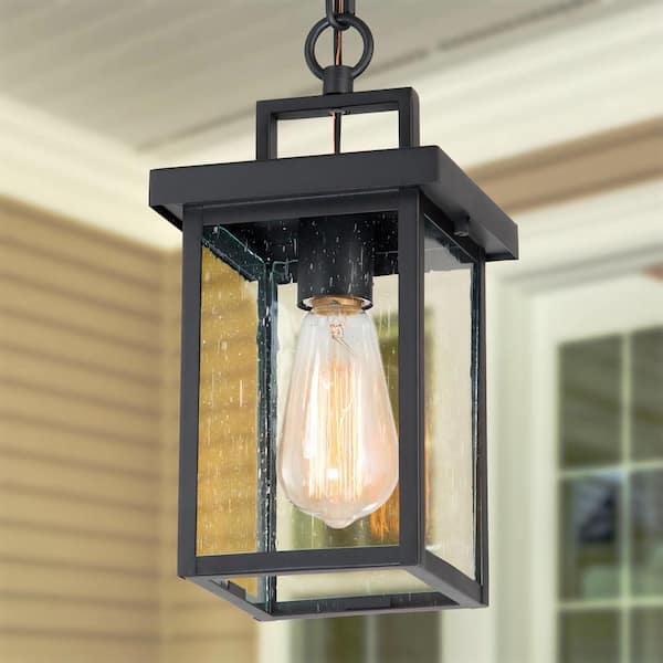 LNC 1-Light Black Square Outdoor Pendant Light for Patio Modern Outdoor Hanging Light with Seeded Glass Shade