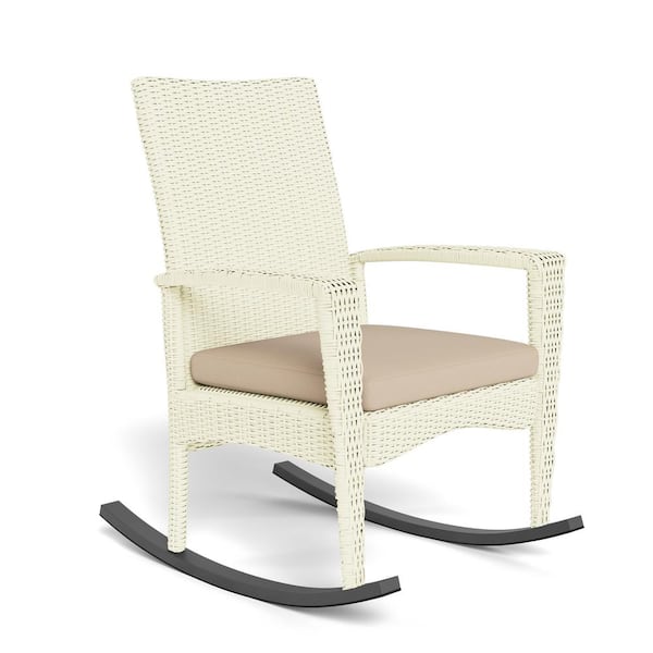 Tortuga Outdoor Bayview White Magnolia Wicker Rocking Chair with Fade Resistant Plush Tan Cushion for Outdoor Patio Seating BAY R MAGNOLIA The Home Depot