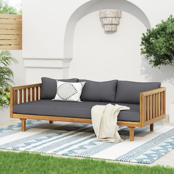 Teak Wood Outdoor Patio Day Bed with Dark Gray Cushions