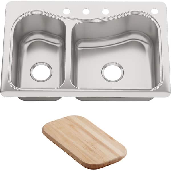 KOHLER Staccato Drop-In Stainless Steel 33 in. 4-Hole Double Offset Bowl Kitchen Sink with Included Hardwood Cutting Board