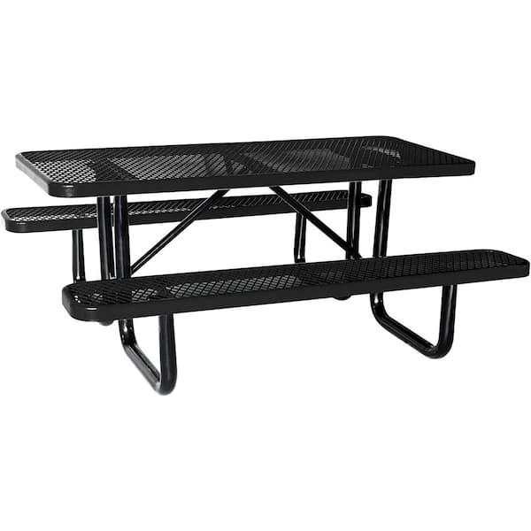 Oyezvary 72 in. Expanded Black Rectangular Steel Industrial-Strength Picnic Table Seats 6-People with Umbrella Hole