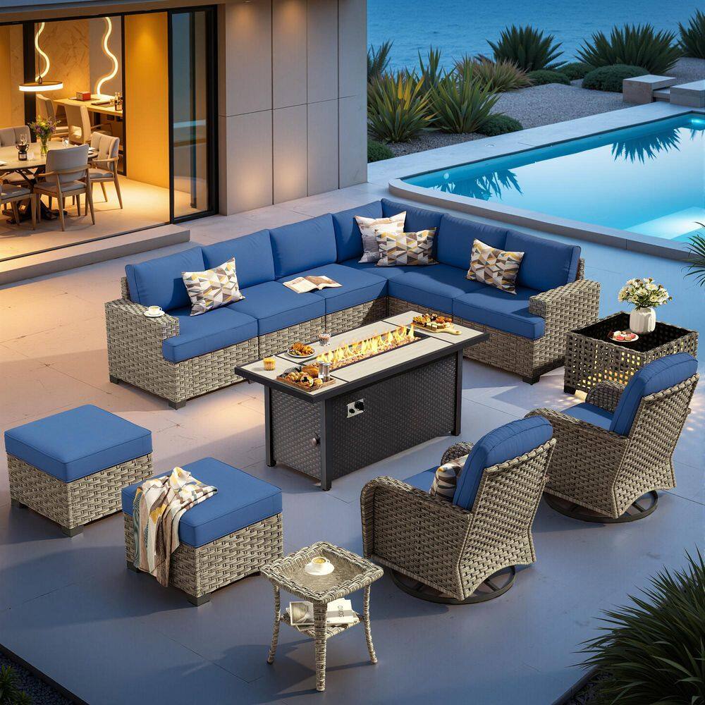 Epoch 13 Pieces Wicker Outdoor Patio 54 in. Rectangular Fire Pit Set and Swivel Rocking Chairs with Navy Blue Cushions price history on PriceWatchPro