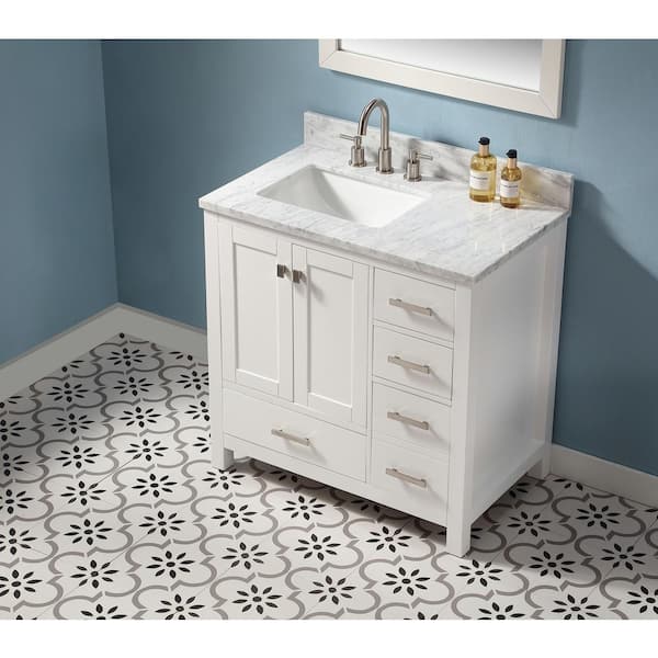 Monte 36in.W X22in.DX35.4 in.H Bathroom Vanity in White with Marble Stone Vanity Top in White with Single White Sink