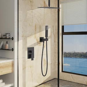 2-Spray Patterns with 16 in.Shower Head Ceiling Mount Brass Dual Shower Heads with Hand Shower in Matte Black