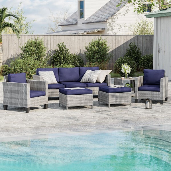 6-Piece Patio Sofa Set Gray Wicker Outdoor Furniture Set with Coffee Table, Navy Blue