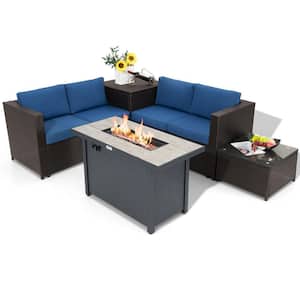 5-Piece Patio Rattan Furniture Set Fire Pit Table w/Cover Storage Navy Cushion