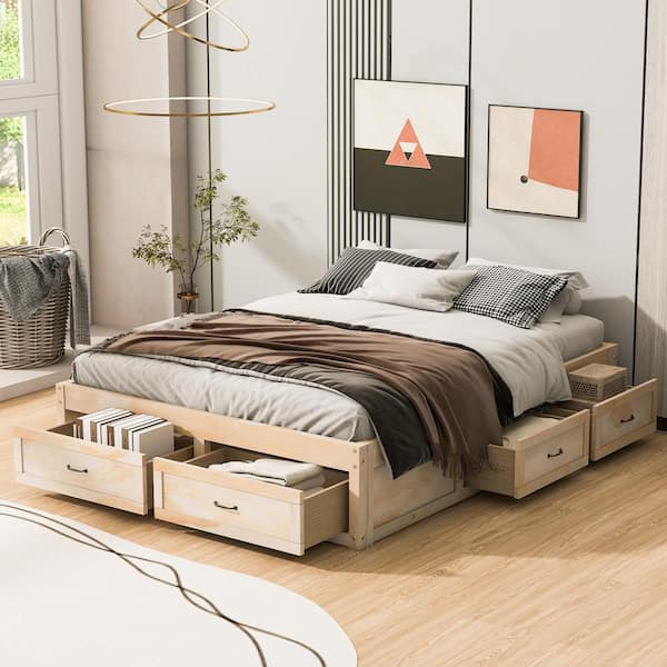 Harper & Bright Designs Antique Natural (Yellow) Wood Frame Queen Size Retro Platform Bed with 6 Storage Drawers
