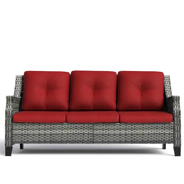 JOYSIDE 3-Seat Wicker Outdoor Patio Sofa Sectional Couch with Red Cushions