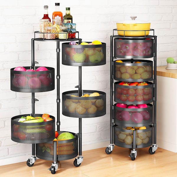 5-Tier Fruit and Vegetable Basket Bowls for Kitchen with Metal Top Lid, Rotating Storage Rack Cart on Wheels in Black