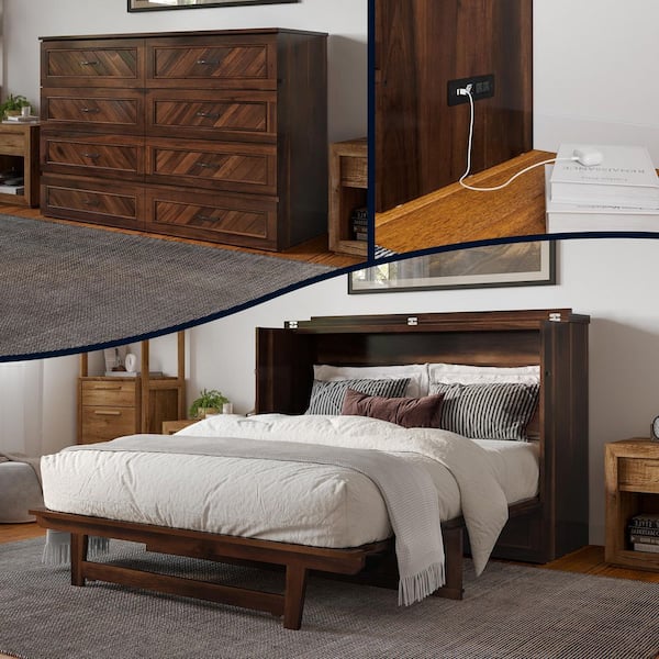 AFI Alpine Barnwood Brown Wood Frame Queen Murphy Bed Chest with Mattress, Storage Drawer, and Built-in Charging Station