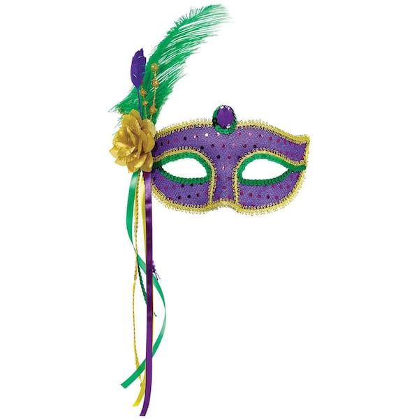 Venetian Style Purple & Green Mardi Gras Feather Stick Mask
