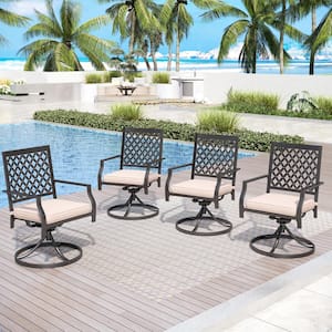 Black Metal Elegant Patio Outdoor Dining Swivel Chair with Beige Cushion (4-Pack)