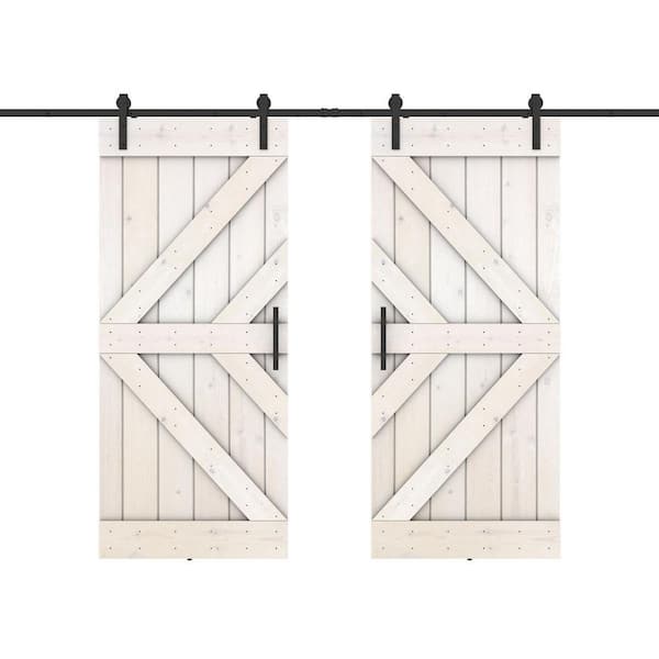Dessliy Double KL Series 56 in. x 84 in. Fully Set Up White Finished Pine Wood Sliding Barn Door with Hardware Kit