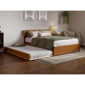 Capri Light Toffee Natural Bronze Solid Wood Frame Full Platform Bed with Panel Footboard and Twin Trundle