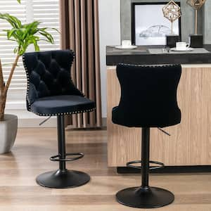 Modern Black Metal Adjusatble Seat Height from 25-33 in. Swivel Velvet Barstools Set of 2