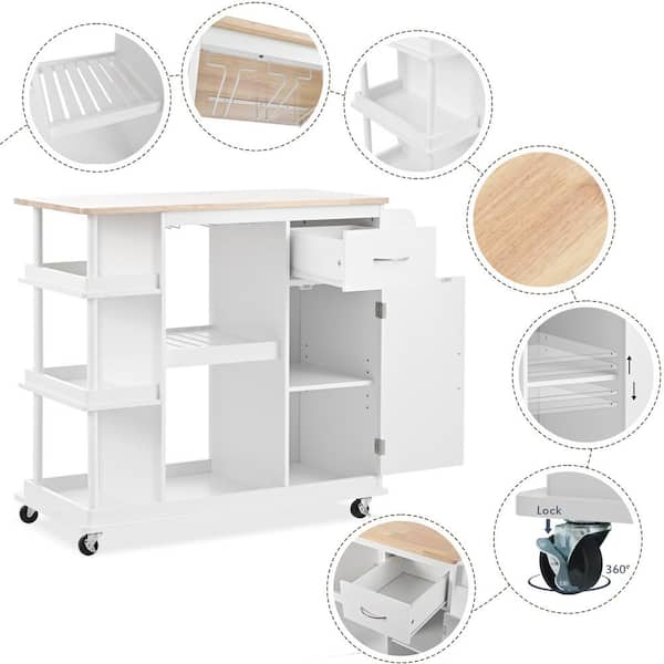 Tileon White MDF Small Kitchen Island with Drawer, Storage Shelves and Wine  Rack AYBSZHD2297 - The Home Depot