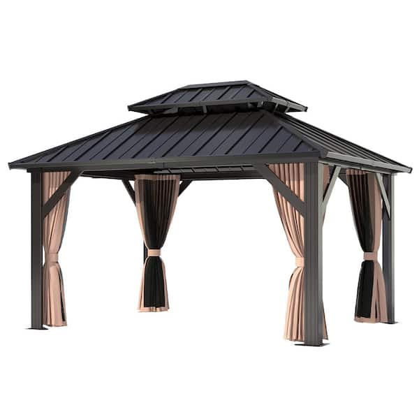 12 ft. x 10 ft. Outdoor Galvanized Hardtop Gazebo Aluminum Double Roof with Breathable Netting and Privacy Curtains