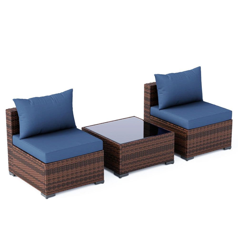 Modular Single Sofa Set 3-Piece Wicker Outdoor Sectional Set with Navy Cushions and Glass Table price history on PriceWatchPro