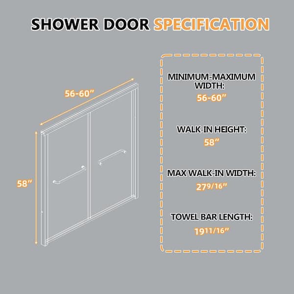 Zeafive 56 to 60 in. W x 58 in. H Double Sliding Tub Door in