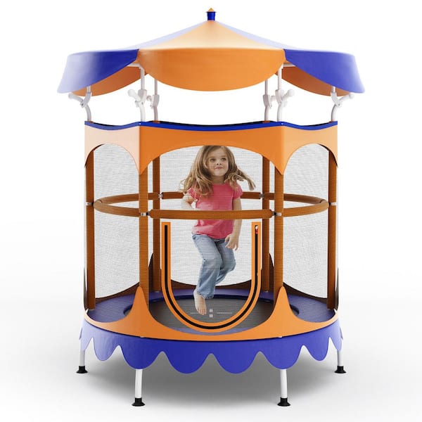 Gymax 64 in. Kids Trampoline with Detachable Canopy Safety Enclosure Net Foam Handle Orange