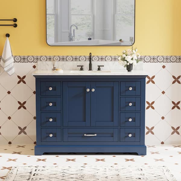 48 in. Solid Wood Single Sink Navy Blue Bath Vanity with White Carrara Marble Top, Soft Closing, 2-Doors, 9-Drawers