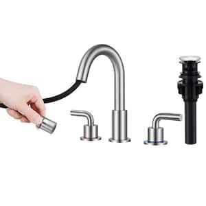 8 in. Widespread Double Handle Bathroom Faucet 3-Hole with Pull Out Sprayer and Pop-Up Drain, in Brushed Nickel