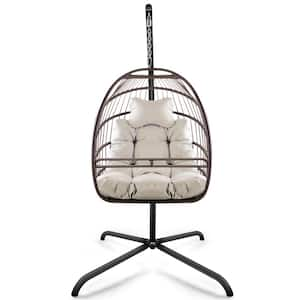 43 in. W x 43 in. D x 77 in. H 1-Person Metal Patio Basket Hanging Swing with Brown Cushions