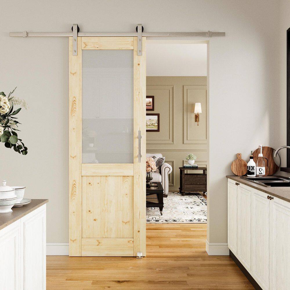 28 in. x 80 in. 1/2-Lite Frosted Glass Unfinished Glass Sliding Barn Door with Hardware Kit Nickel Plated price history on PriceWatchPro