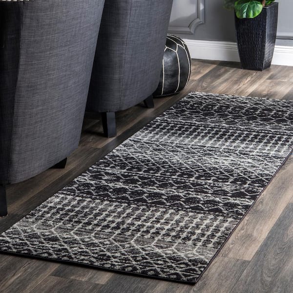 Blythe Modern Moroccan Trellis 3 ft. x 18 ft. Black Runner Rug