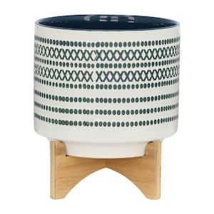 10 in. Blue Ceramic Planter with Wooden Stand